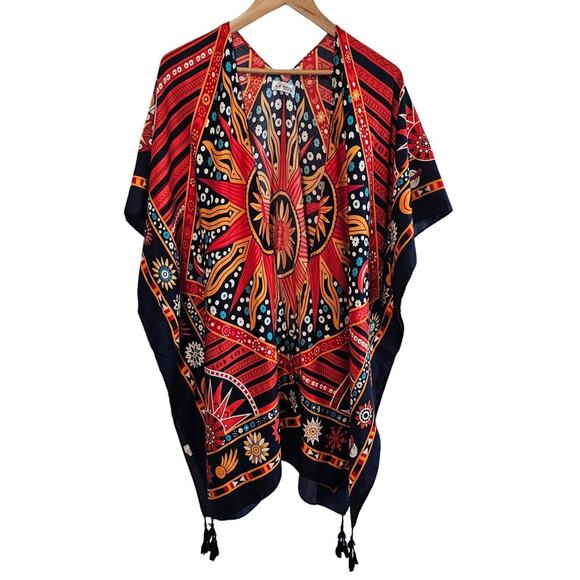Floral Kimono Womens 2X Red Sun Moon Fringe Open Indie Relaxed Boho Festival - Picture 1 of 11
